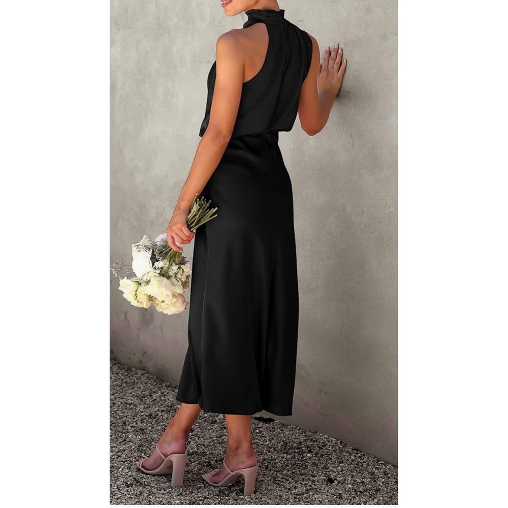 Black Satin High Neck Midi Dress Sleeveless Mock Neck Cowl Formal Cocktail - Picture 3 of 4